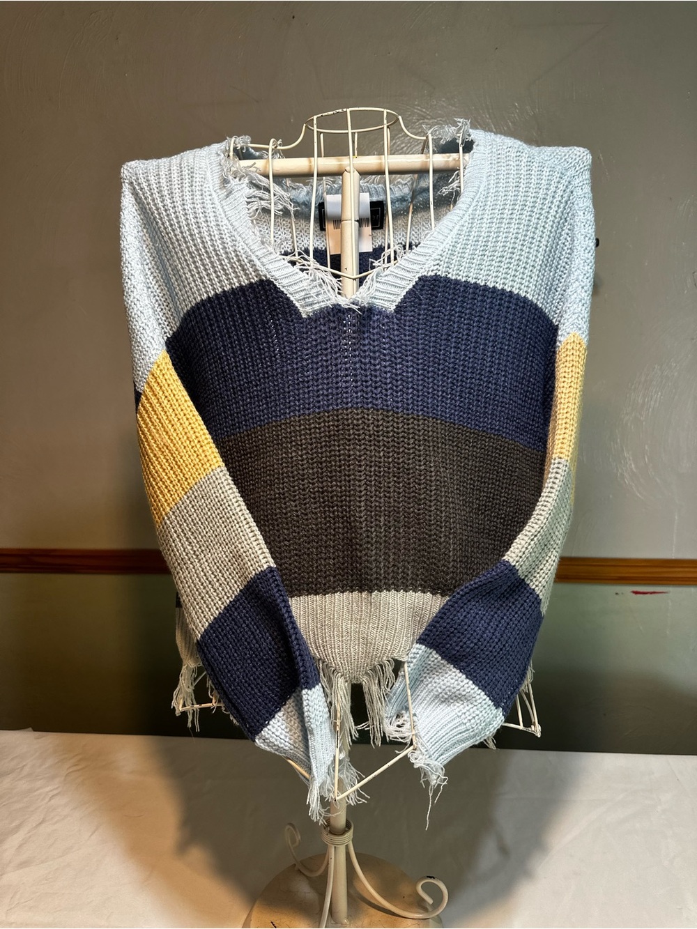 Polly & Esther Light Blue, Navy, Charcoal & Yellow Striped V-Neck Sweater
